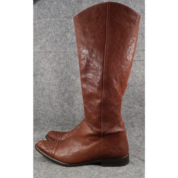John Fluevog Boots Womens 6 Tall Riding Picnics Brie Brown Leather Studded Toe - Picture 4 of 16